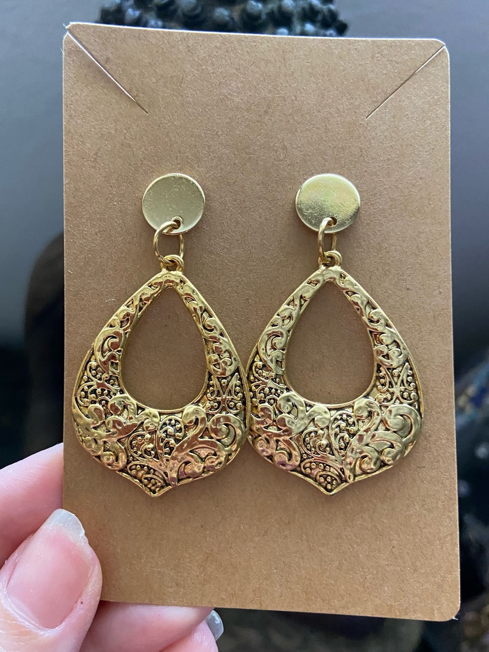 Ornate Gold Filigree Teardrop Dangle Earrings